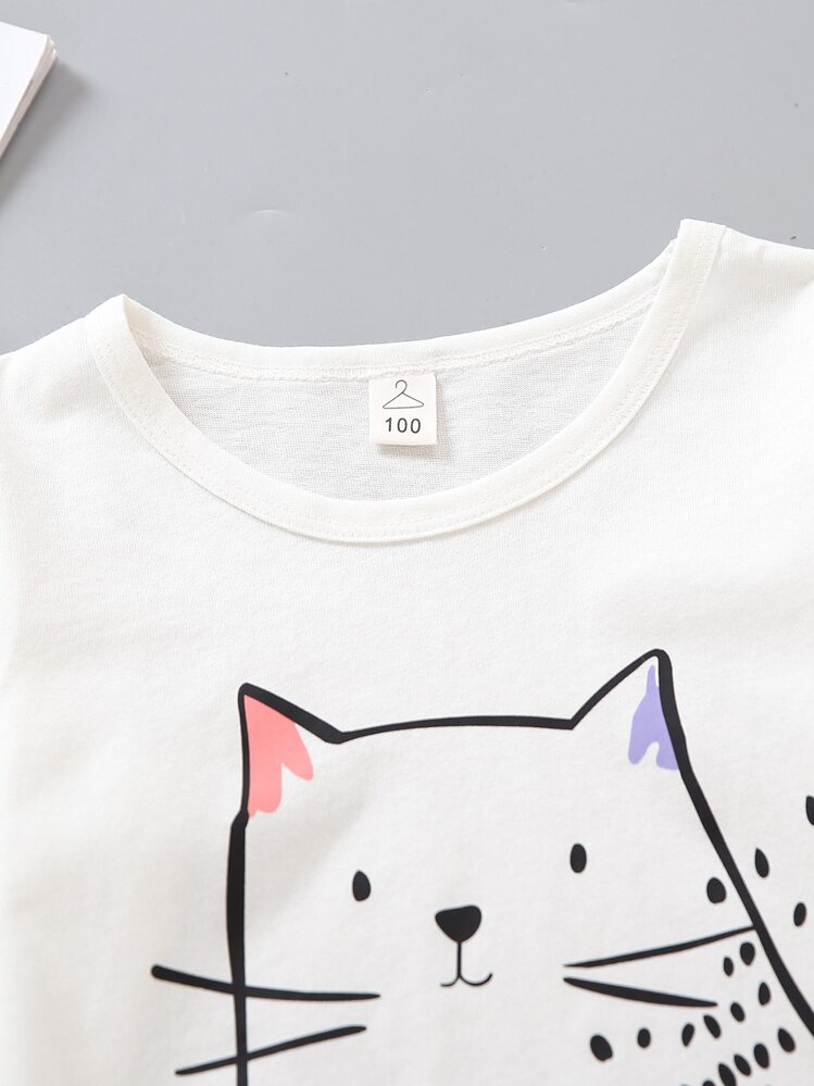 年轻女孩卡通猫 & 心形印花睡衣套装 - 彩色 - 查看 3