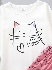 Young Girl Cartoon Cat & Heart Print PJ Set - Multicolor - View 4