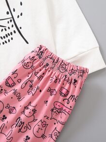 Young Girl Cartoon Cat & Heart Print PJ Set - Multicolor - View 7