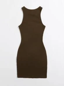 SHEIN Essnce Đầm Gân đan màu trơn Thanh lịch - Màu nâu Sô-cô-la - Xem 2