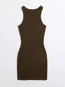 SHEIN Essnce Đầm Gân đan màu trơn Thanh lịch - Màu nâu Sô-cô-la - Xem 3