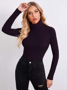 SHEIN Privé Rolled Neck Rib-knit Tee - Purple - View 1