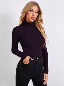 SHEIN Privé Rolled Neck Rib-knit Tee - Purple - View 3