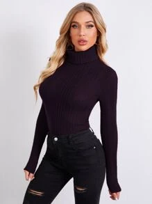 SHEIN Privé Rolled Neck Rib-knit Tee - Purple - View 4