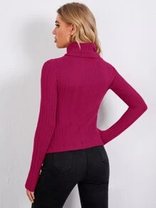 SHEIN Essnce Rolled Neck Rib-knit Tee - Hot Pink - View 2