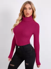 SHEIN Essnce Rolled Neck Rib-knit Tee - Hot Pink - View 4