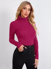 SHEIN Essnce Rolled Neck Rib-knit Tee - Hot Pink - View 5