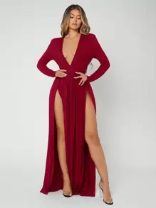 SHEIN SXY Plunge Neck High Split Dress - Burgundy - View 1