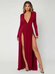 SHEIN SXY Plunge Neck High Split Dress - Burgundy - View 3