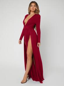 SHEIN SXY Plunge Neck High Split Dress - Burgundy - View 4
