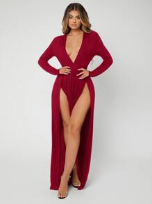 SHEIN SXY Plunge Neck High Split Dress - Burgundy - View 5