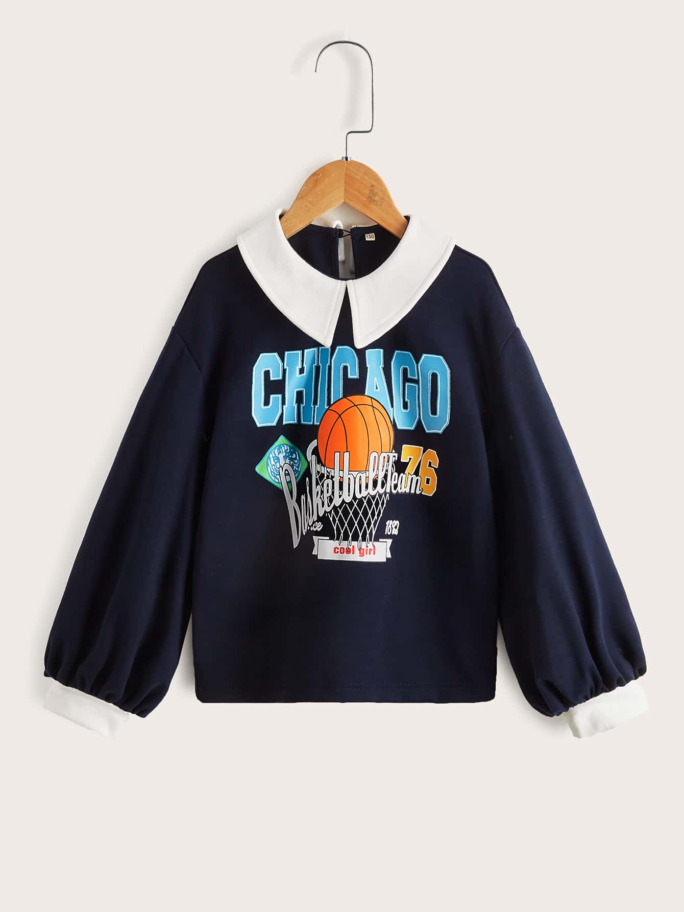 Girls Basketball And Letter Graphic Contrast Collar Drop Shoulder Sweatshirt - Navy Blue - View 1