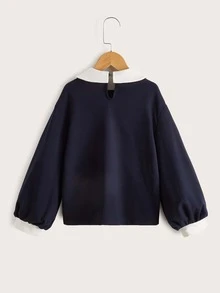 Girls Basketball And Letter Graphic Contrast Collar Drop Shoulder Sweatshirt - Navy Blue - View 2