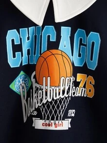 Girls Basketball And Letter Graphic Contrast Collar Drop Shoulder Sweatshirt - Navy Blue - View 3