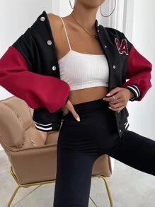 SHEIN Unity Letter Patched Striped Trim Drop Shoulder Varsity Jacket - Multicolor - View 3