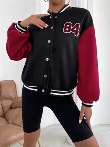 SHEIN Unity Letter Patched Striped Trim Drop Shoulder Varsity Jacket - Multicolor - View 4