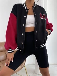 SHEIN Unity Letter Patched Striped Trim Drop Shoulder Varsity Jacket - Multicolor - View 5