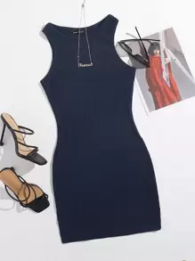 SHEIN Essnce Đầm Gân đan màu trơn Giải trí - Màu xanh hải quân - Xem 1