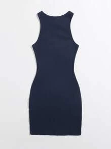 SHEIN Essnce Đầm Gân đan màu trơn Giải trí - Màu xanh hải quân - Xem 2