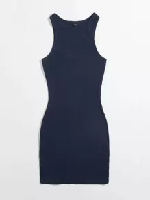 SHEIN Essnce Đầm Gân đan màu trơn Giải trí - Màu xanh hải quân - Xem 5