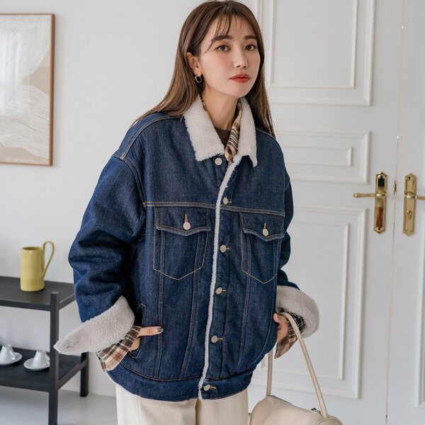 

Borg Collar Teddy Lined Drop Shoulder Denim Coat, Medium wash