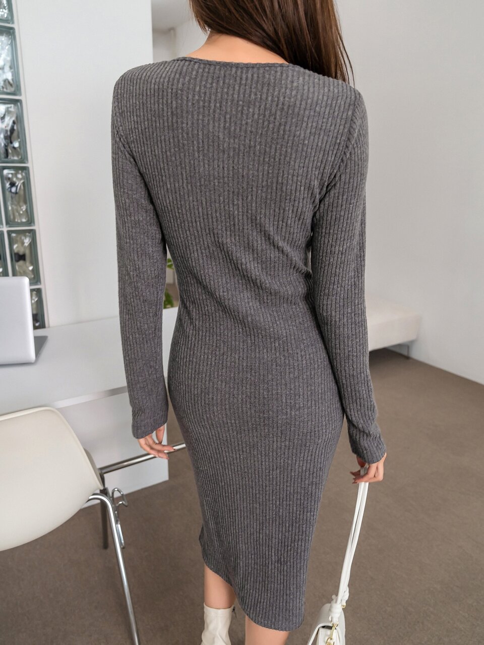 Ribbed Knit Notched Neckline Dress,Fall Dress