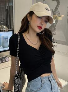 DAZY Áo crop top đan cổ tim nhún bèo phía trước thời trang mùa hè, thu - màu đen - Xem 3