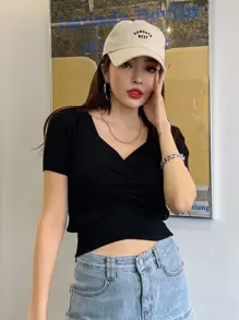 DAZY Áo crop top đan cổ tim nhún bèo phía trước thời trang mùa hè, thu - màu đen - Xem 4