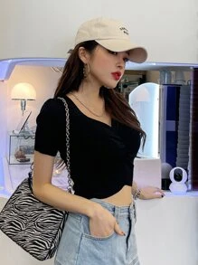 DAZY Áo crop top đan cổ tim nhún bèo phía trước thời trang mùa hè, thu - màu đen - Xem 6