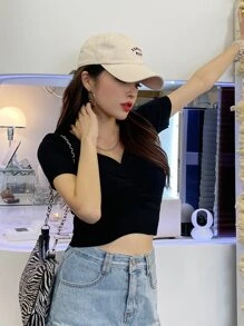 DAZY Áo crop top đan cổ tim nhún bèo phía trước thời trang mùa hè, thu - màu đen - Xem 7