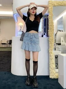 DAZY Áo crop top đan cổ tim nhún bèo phía trước thời trang mùa hè, thu - màu đen - Xem 9