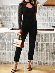 SHEIN Cut Out Contrast Eyelash Lace Jumpsuit - Black - View 1