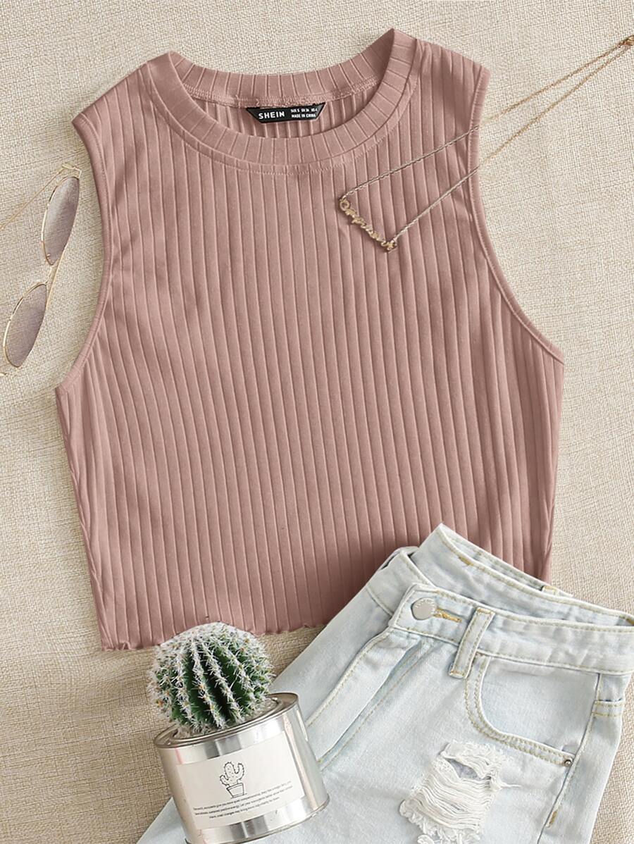 SHEIN EZwear 羅紋針織背心上衣 - 藕粉色 - 查看 1
