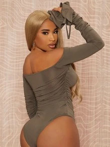 SHEIN SXY Body de hombros descubiertos de manga con volante fruncido - Marrón Mocha - Ver 2