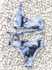 SHEIN Swim Marble Print Knot Side Asymmetrical Neck Bikini Set, For Summer Beach Vacation - Multicolor - View 6