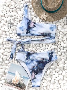 SHEIN Swim Marble Print Knot Side Asymmetrical Neck Bikini Set, For Summer Beach Vacation - Multicolor - View 5