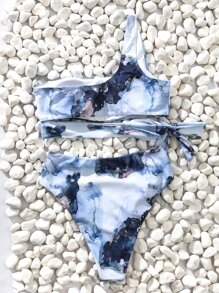SHEIN Swim Marble Print Knot Side Asymmetrical Neck Bikini Set, For Summer Beach Vacation - Multicolor - View 4