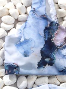 SHEIN Swim Marble Print Knot Side Asymmetrical Neck Bikini Set, For Summer Beach Vacation - Multicolor - View 3