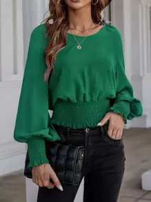 SHEIN LUNE Solid Bishop Sleeve Shirred Blouse - Green - View 1
