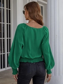 SHEIN LUNE Solid Bishop Sleeve Shirred Blouse - Green - View 2