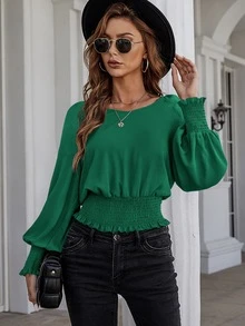 SHEIN LUNE Solid Bishop Sleeve Shirred Blouse - Green - View 4