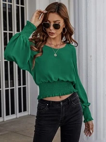 SHEIN LUNE Solid Bishop Sleeve Shirred Blouse - Green - View 5