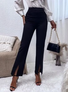High Waist Split Hem Trousers - Black - View 1