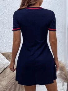 SHEIN LUNE Đầm Ruy băng Sọc Thể thao - Màu xanh hải quân - Xem 2