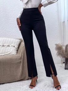 High Waist Split Hem Trousers - Black - View 5