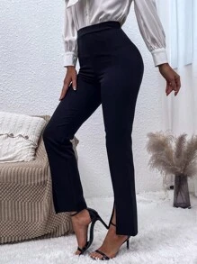 High Waist Split Hem Trousers - Black - View 6