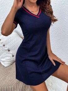 SHEIN LUNE Đầm Ruy băng Sọc Thể thao - Màu xanh hải quân - Xem 5