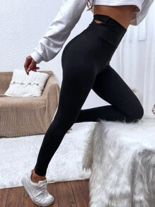 SHEIN Unity 後鏤空寬腰帶緊身打底褲 - 黑色 - 查看 5