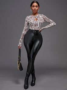 SHEIN SXY Áo liền quần ôm nữ Cắt ra xoắn lại Sọc ngựa vằn Giải trí - Nhiều màu - Xem 3