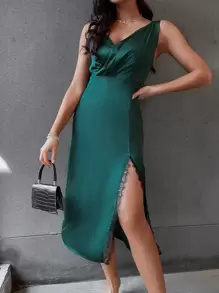 Đầm Tương phản ren màu trơn Gợi cảm - Màu xanh lá cây đậm - Xem 1